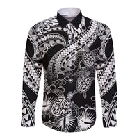 Personalised Polynesian Long Sleeve Button Shirt Tribal Honu Turtle with Hibiscus White Version - Wonder Print Shop
