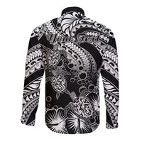 Personalised Polynesian Long Sleeve Button Shirt Tribal Honu Turtle with Hibiscus White Version - Wonder Print Shop