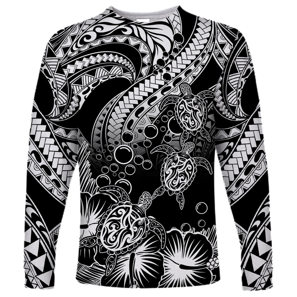 Personalised Polynesian Long Sleeve Shirt Tribal Honu Turtle with Hibiscus White Version - Wonder Print Shop