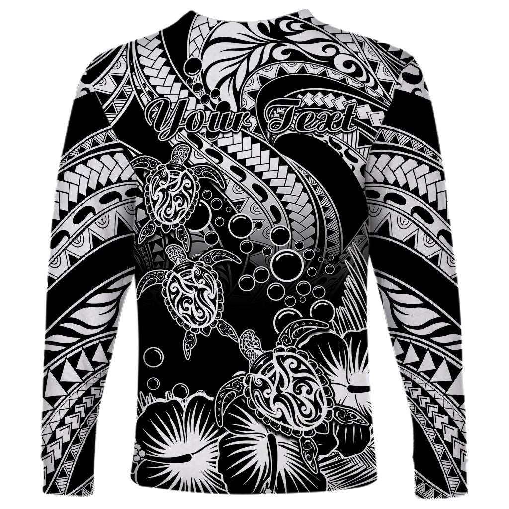 Personalised Polynesian Long Sleeve Shirt Tribal Honu Turtle with Hibiscus White Version - Wonder Print Shop