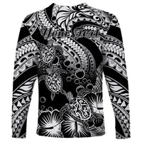 Personalised Polynesian Long Sleeve Shirt Tribal Honu Turtle with Hibiscus White Version - Wonder Print Shop