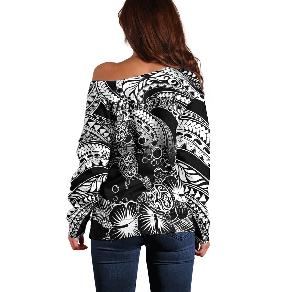 Personalised Polynesian Off Shoulder Sweater Tribal Honu Turtle with Hibiscus White Version - Wonder Print Shop