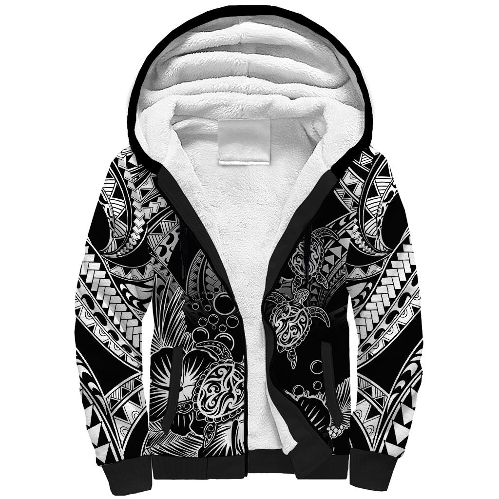 Personalised Polynesian Sherpa Hoodie Tribal Honu Turtle with Hibiscus White Version - Wonder Print Shop