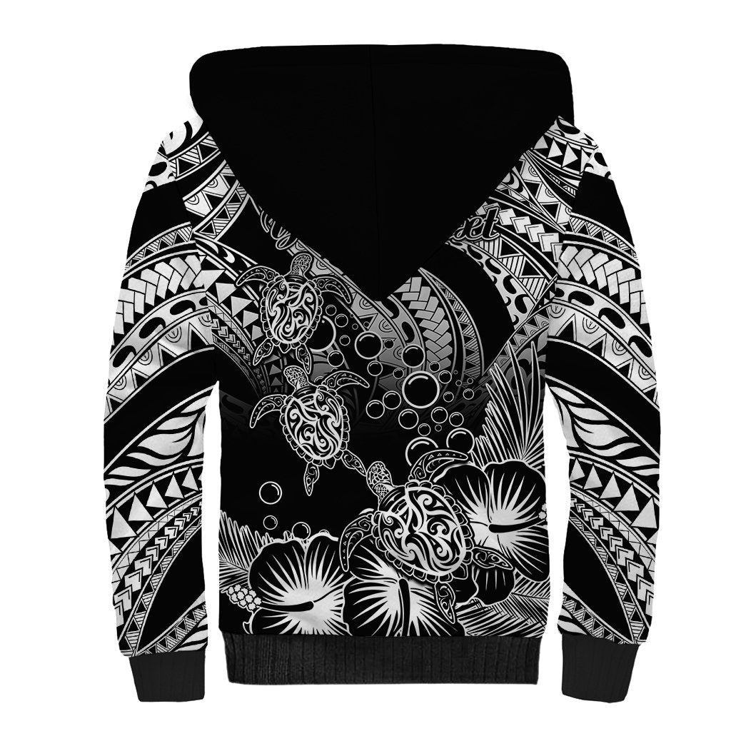 Personalised Polynesian Sherpa Hoodie Tribal Honu Turtle with Hibiscus White Version - Wonder Print Shop