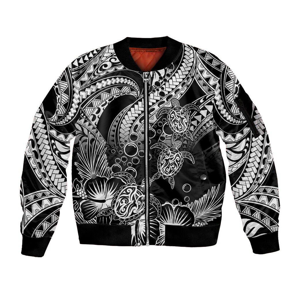 Personalised Polynesian Sleeve Zip Bomber Jacket Tribal Honu Turtle with Hibiscus White Version - Wonder Print Shop