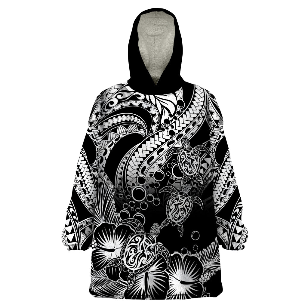 Personalised Polynesian Wearable Blanket Hoodie Tribal Honu Turtle with Hibiscus White Version - Wonder Print Shop