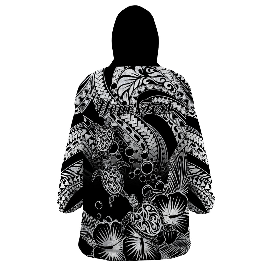 Personalised Polynesian Wearable Blanket Hoodie Tribal Honu Turtle with Hibiscus White Version - Wonder Print Shop