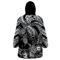 Personalised Polynesian Wearable Blanket Hoodie Tribal Honu Turtle with Hibiscus White Version - Wonder Print Shop
