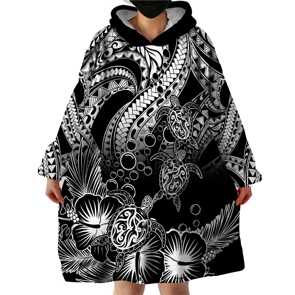 Personalised Polynesian Wearable Blanket Hoodie Tribal Honu Turtle with Hibiscus White Version - Wonder Print Shop