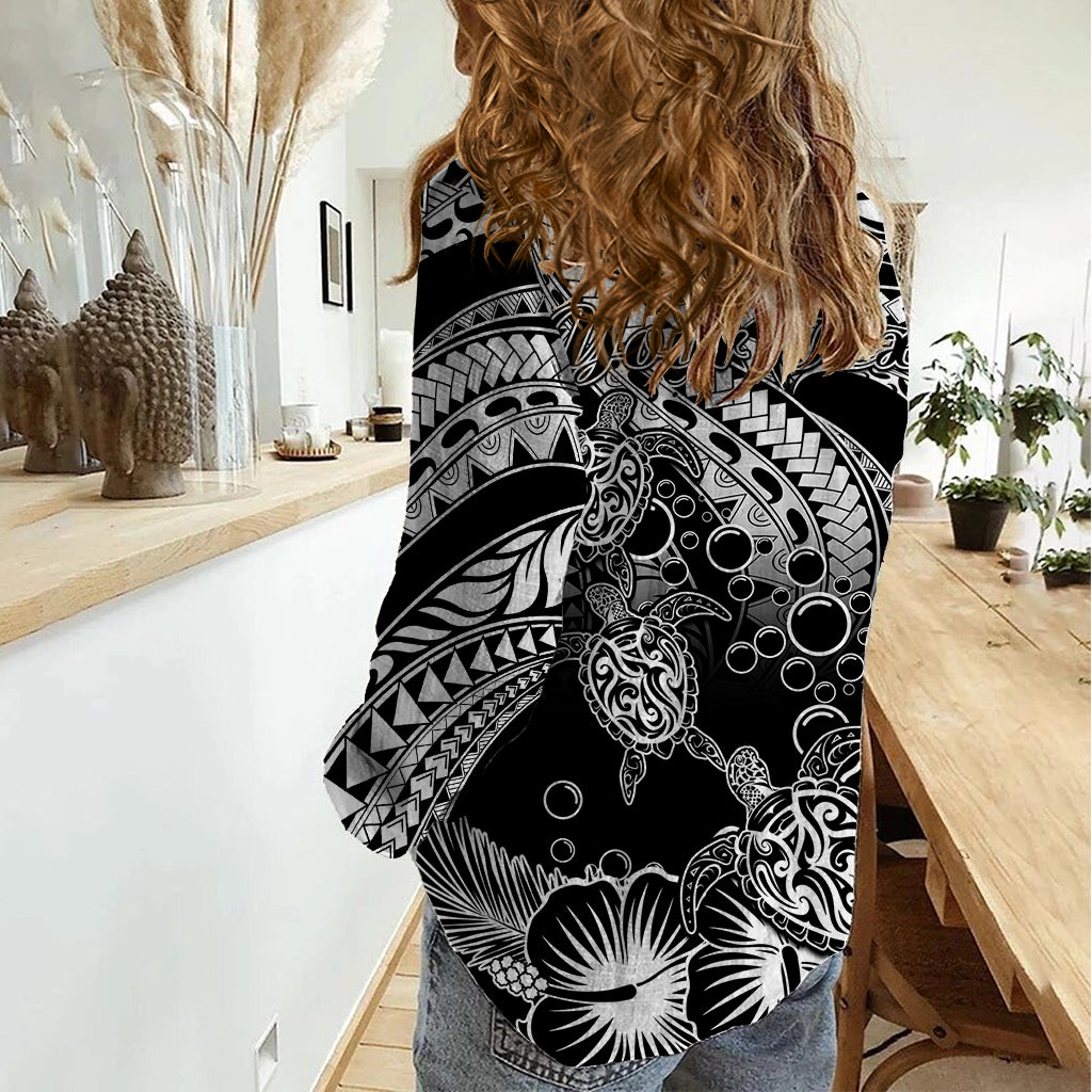 Personalised Polynesian Women Casual Shirt Tribal Honu Turtle with Hibiscus White Version - Wonder Print Shop