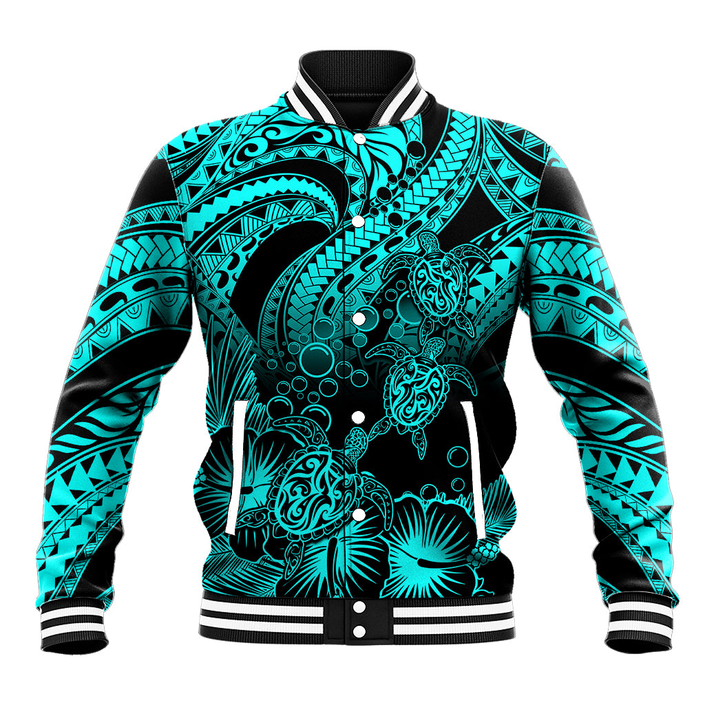 Personalised Polynesian Baseball Jacket Tribal Honu Turtle with Hibiscus Turquoise Version - Wonder Print Shop