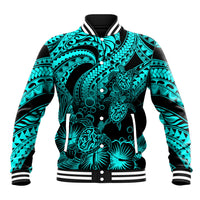 Personalised Polynesian Baseball Jacket Tribal Honu Turtle with Hibiscus Turquoise Version - Wonder Print Shop