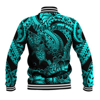 Personalised Polynesian Baseball Jacket Tribal Honu Turtle with Hibiscus Turquoise Version - Wonder Print Shop