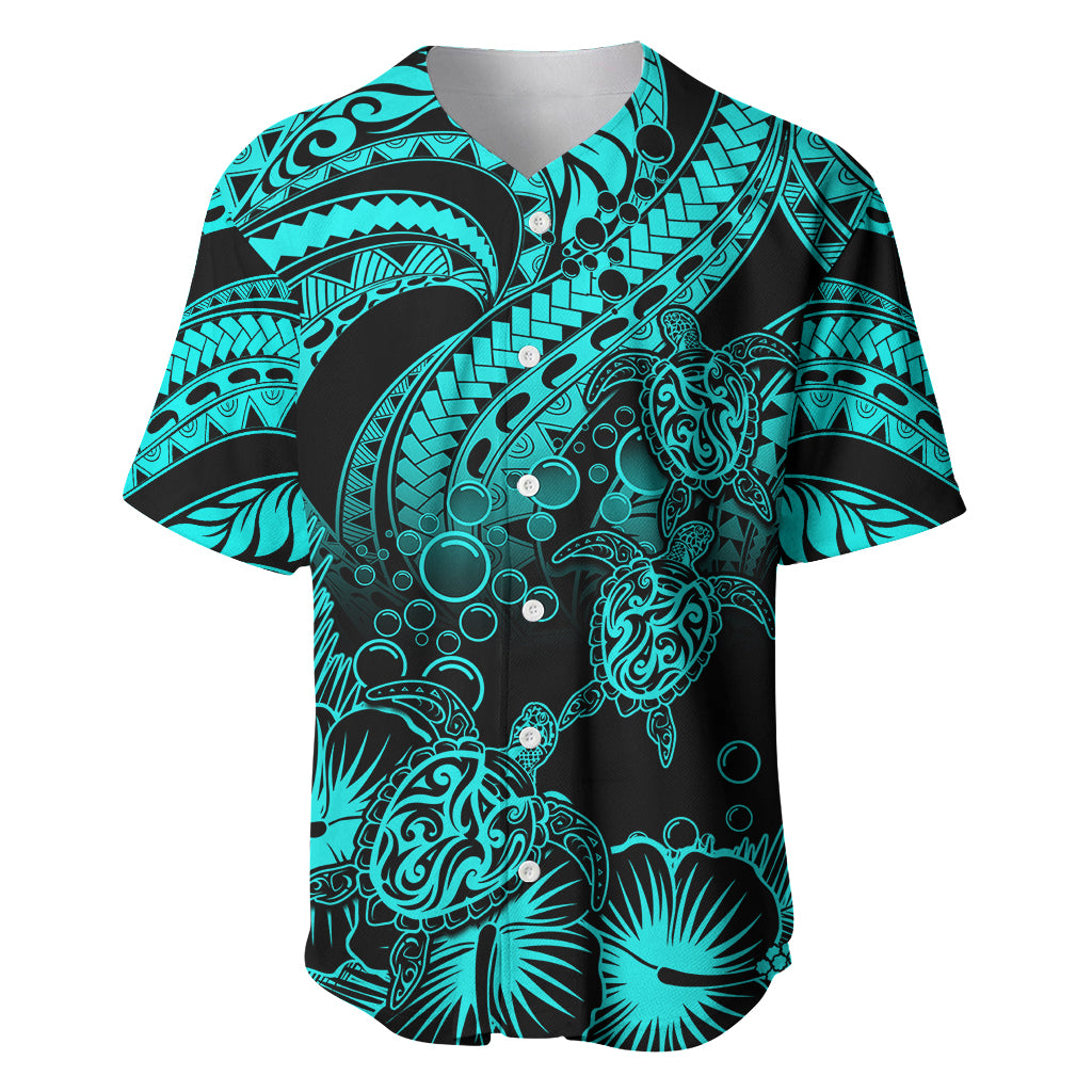 Personalised Polynesian Baseball Jersey Tribal Honu Turtle with Hibiscus Turquoise Version - Wonder Print Shop