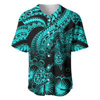 Personalised Polynesian Baseball Jersey Tribal Honu Turtle with Hibiscus Turquoise Version - Wonder Print Shop