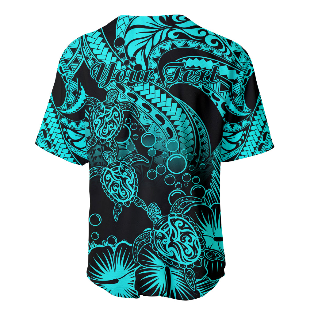 Personalised Polynesian Baseball Jersey Tribal Honu Turtle with Hibiscus Turquoise Version - Wonder Print Shop