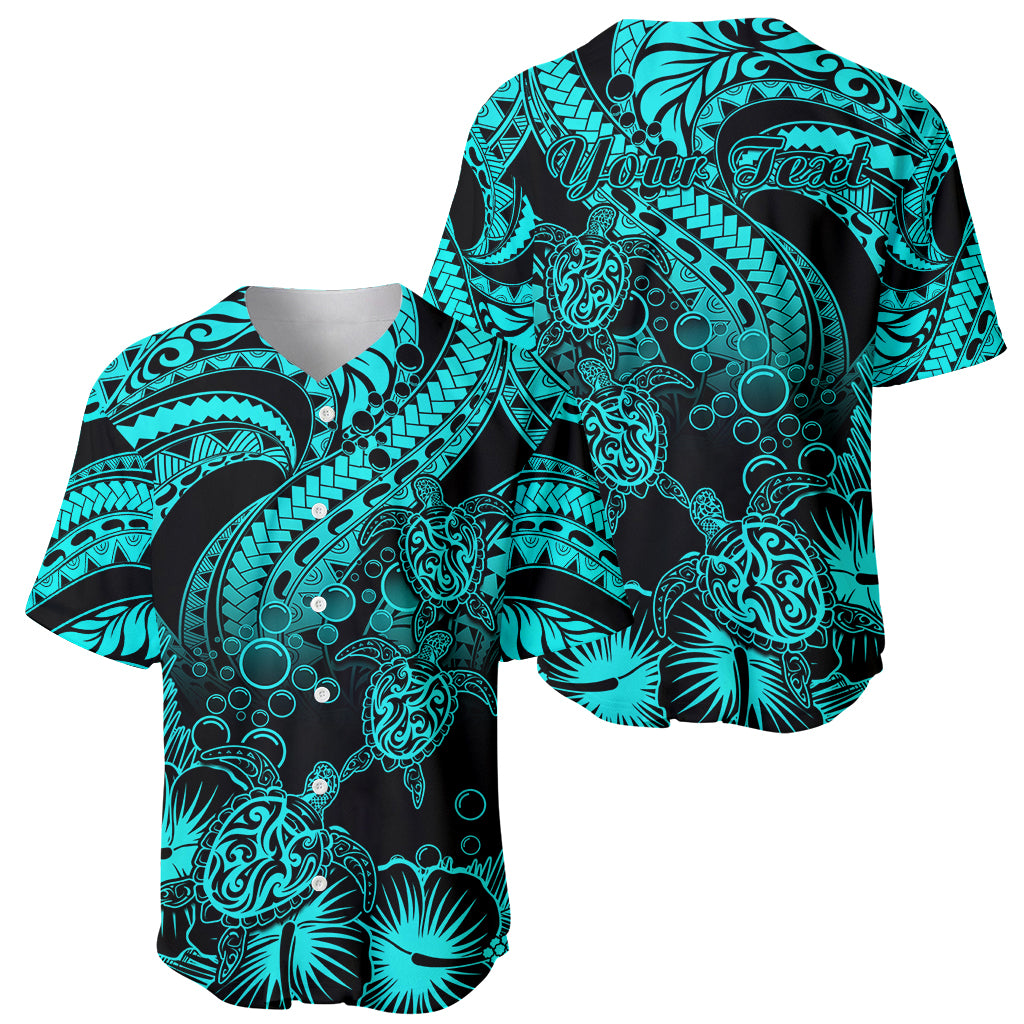Personalised Polynesian Baseball Jersey Tribal Honu Turtle with Hibiscus Turquoise Version - Wonder Print Shop