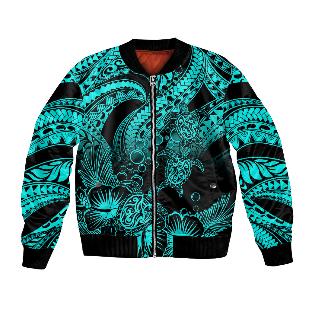 Personalised Polynesian Bomber Jacket Tribal Honu Turtle with Hibiscus Turquoise Version - Wonder Print Shop