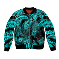 Personalised Polynesian Bomber Jacket Tribal Honu Turtle with Hibiscus Turquoise Version - Wonder Print Shop