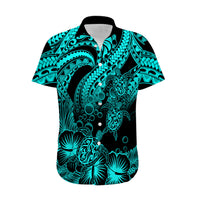 Personalised Polynesian Hawaiian Shirt Tribal Honu Turtle with Hibiscus Turquoise Version - Wonder Print Shop
