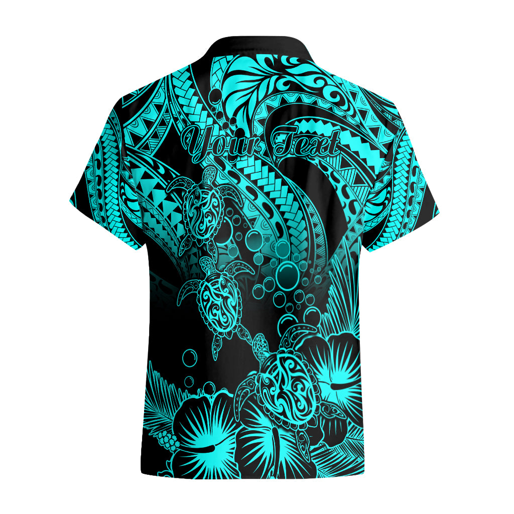 Personalised Polynesian Hawaiian Shirt Tribal Honu Turtle with Hibiscus Turquoise Version - Wonder Print Shop