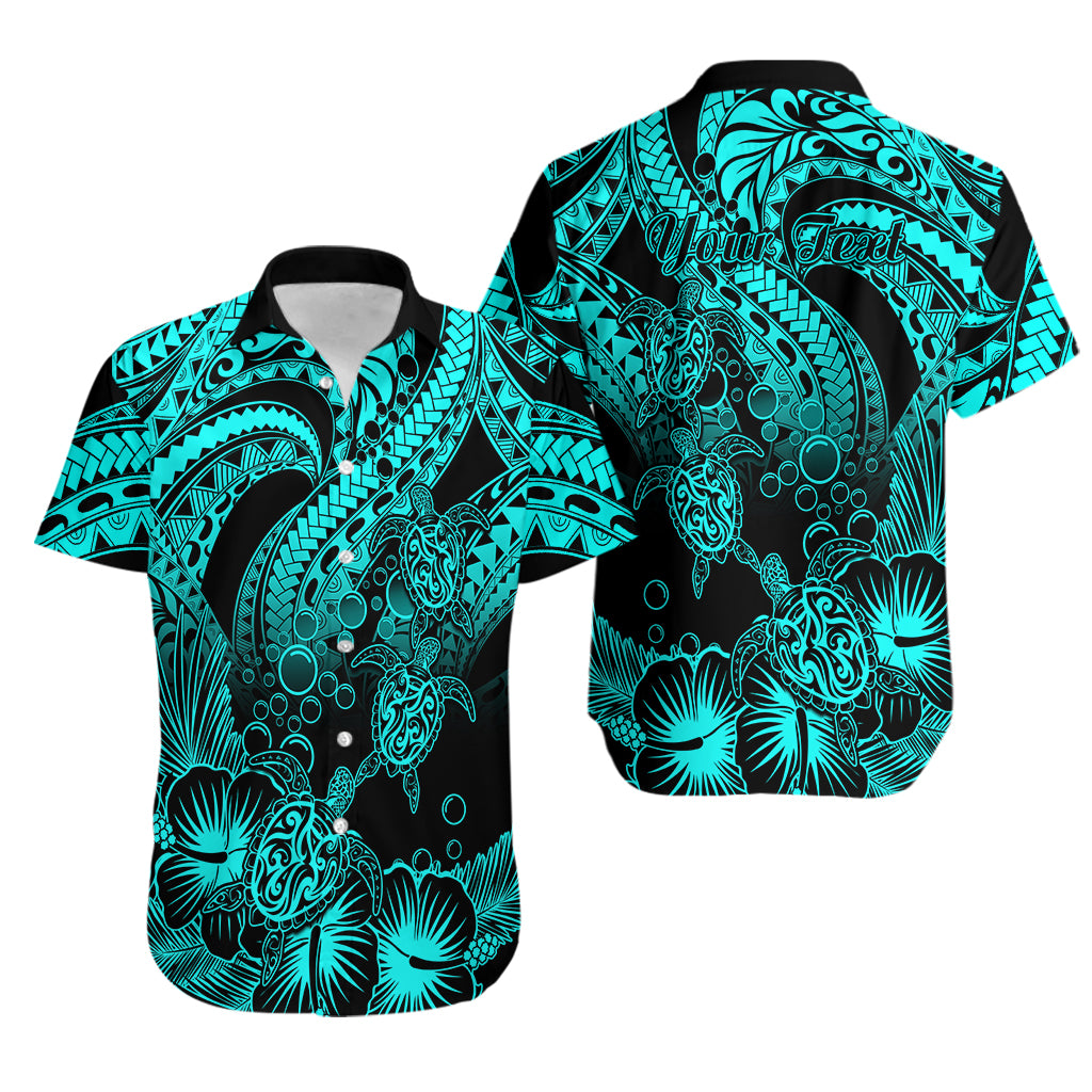 Personalised Polynesian Hawaiian Shirt Tribal Honu Turtle with Hibiscus Turquoise Version - Wonder Print Shop