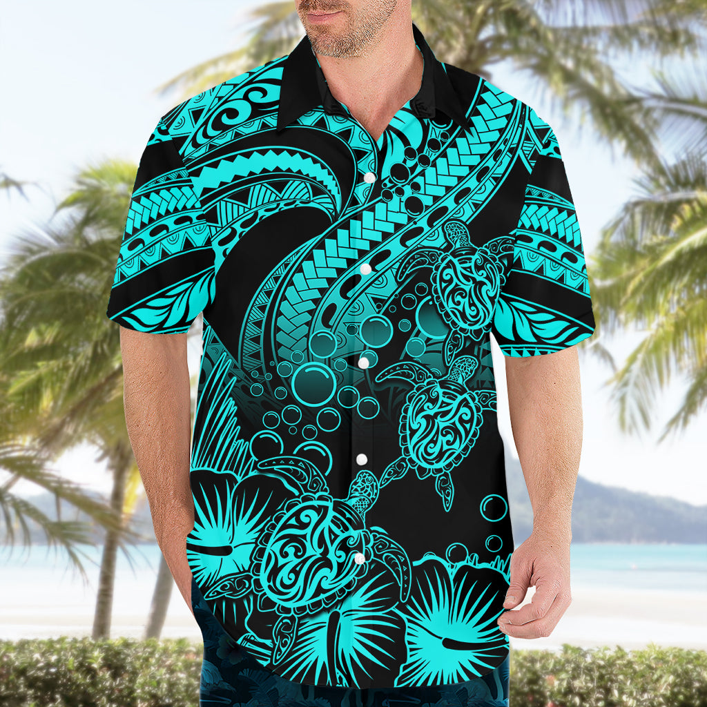 Personalised Polynesian Hawaiian Shirt Tribal Honu Turtle with Hibiscus Turquoise Version - Wonder Print Shop