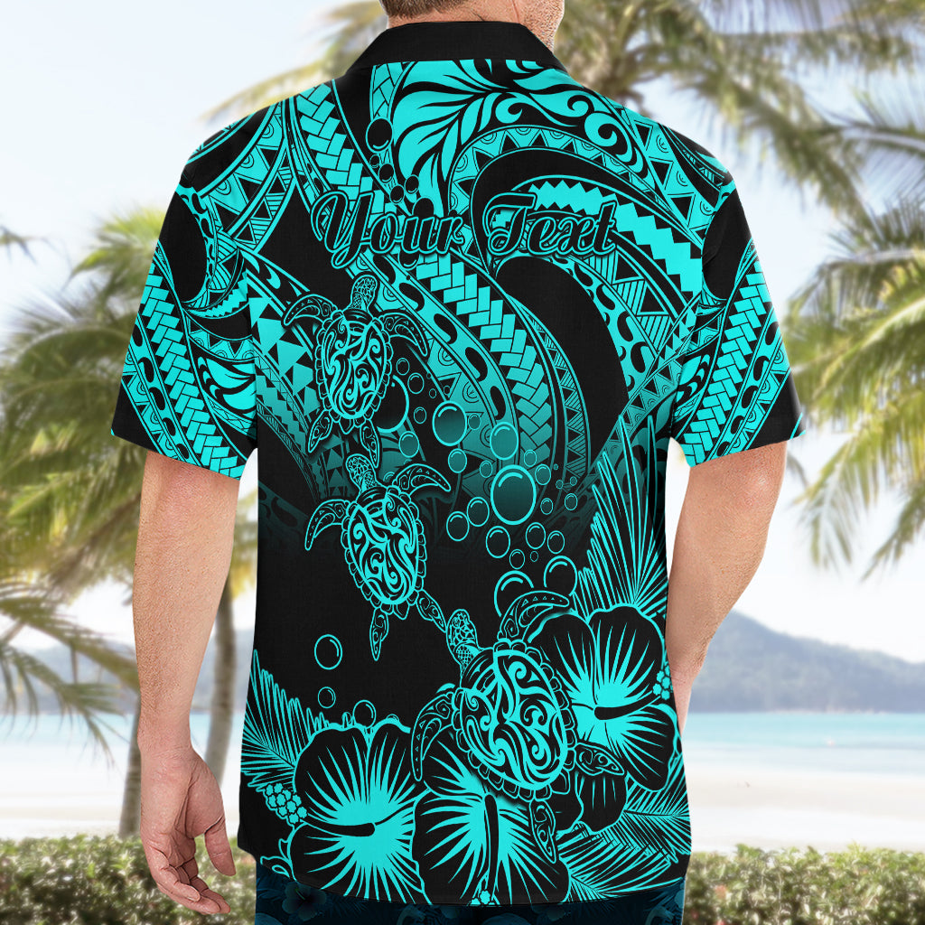 Personalised Polynesian Hawaiian Shirt Tribal Honu Turtle with Hibiscus Turquoise Version - Wonder Print Shop