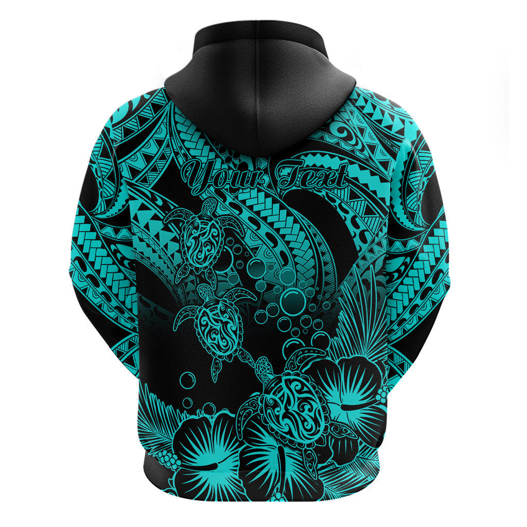 Custom Polynesian Hoodie Tribal Honu Turtle with Hibiscus Turquoise Version - Wonder Print Shop