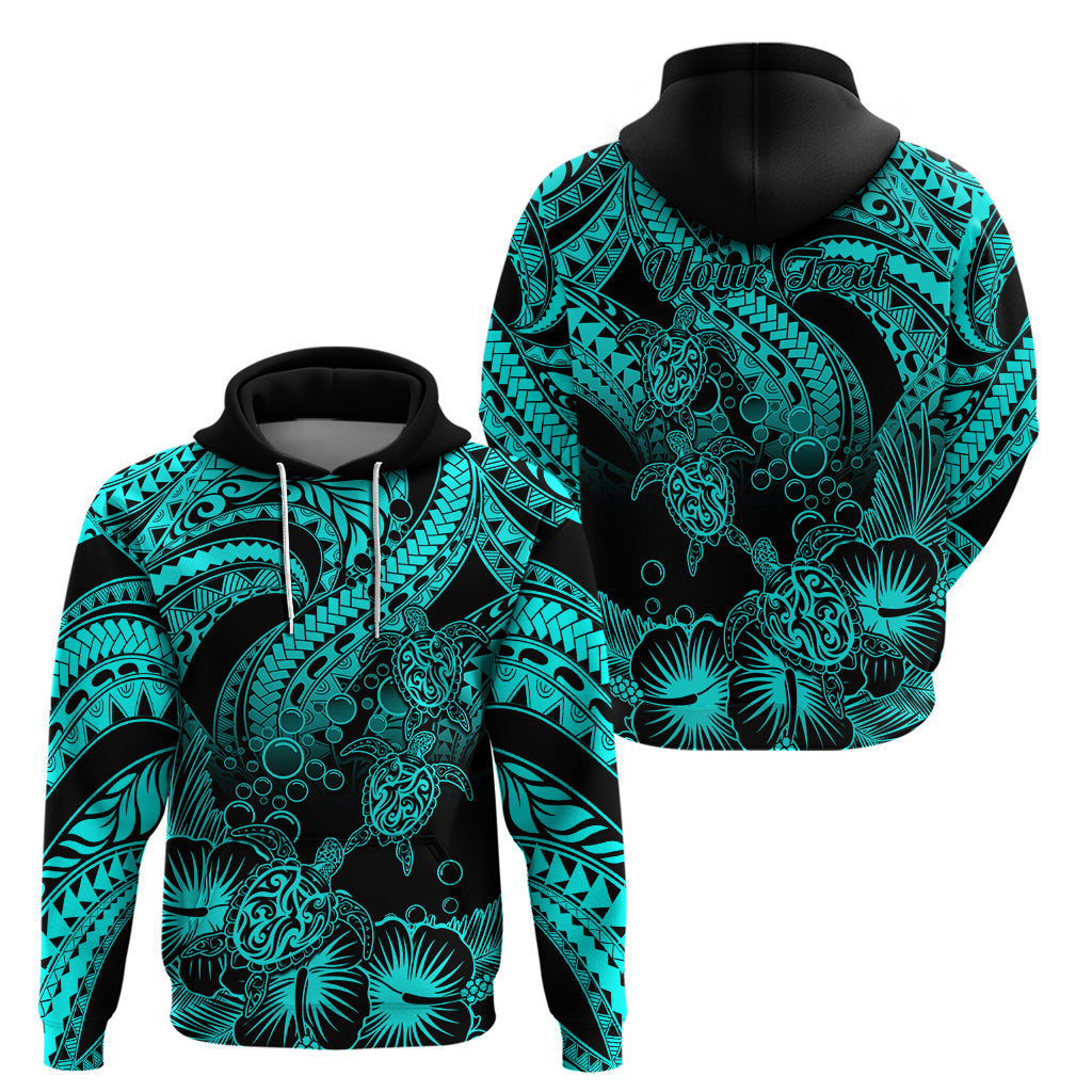 Custom Polynesian Hoodie Tribal Honu Turtle with Hibiscus Turquoise Version - Wonder Print Shop