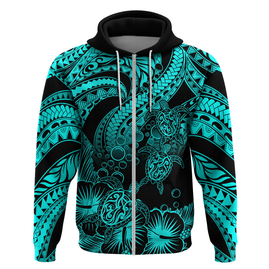 Custom Polynesian Hoodie Tribal Honu Turtle with Hibiscus Turquoise Version - Wonder Print Shop
