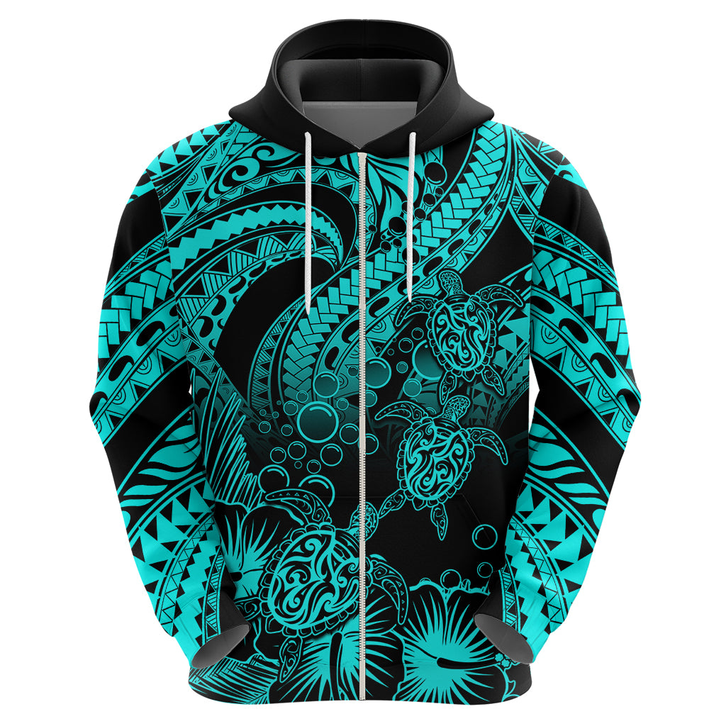 Custom Polynesian Hoodie Tribal Honu Turtle with Hibiscus Turquoise Version - Wonder Print Shop