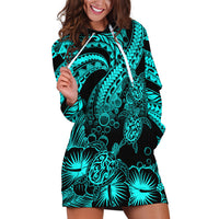 Personalised Polynesian Hoodie Dress Tribal Honu Turtle with Hibiscus Turquoise Version - Wonder Print Shop