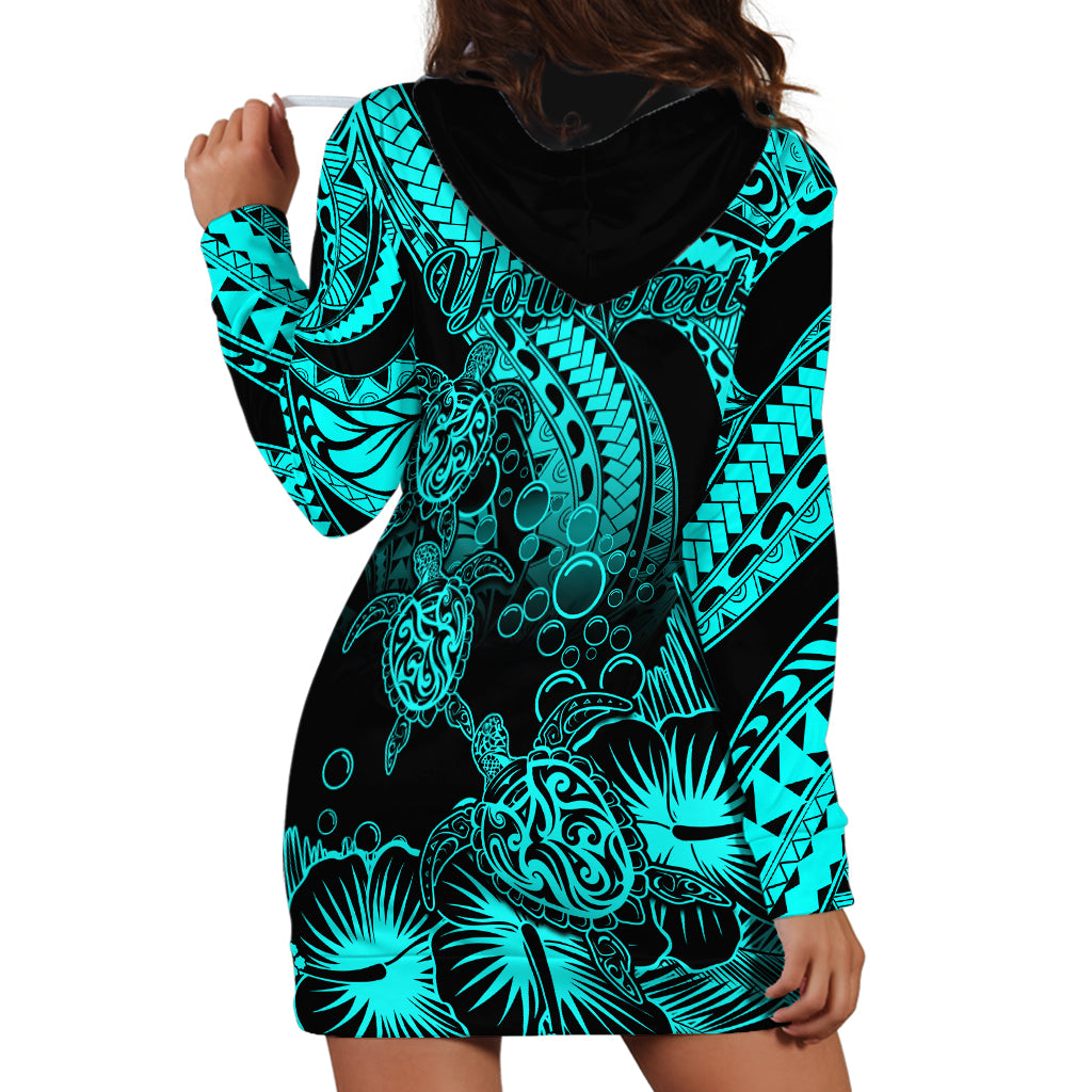 Personalised Polynesian Hoodie Dress Tribal Honu Turtle with Hibiscus Turquoise Version - Wonder Print Shop