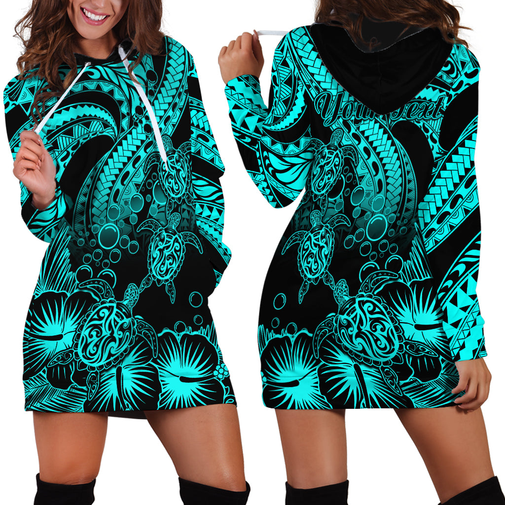 Personalised Polynesian Hoodie Dress Tribal Honu Turtle with Hibiscus Turquoise Version - Wonder Print Shop