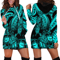 Personalised Polynesian Hoodie Dress Tribal Honu Turtle with Hibiscus Turquoise Version - Wonder Print Shop