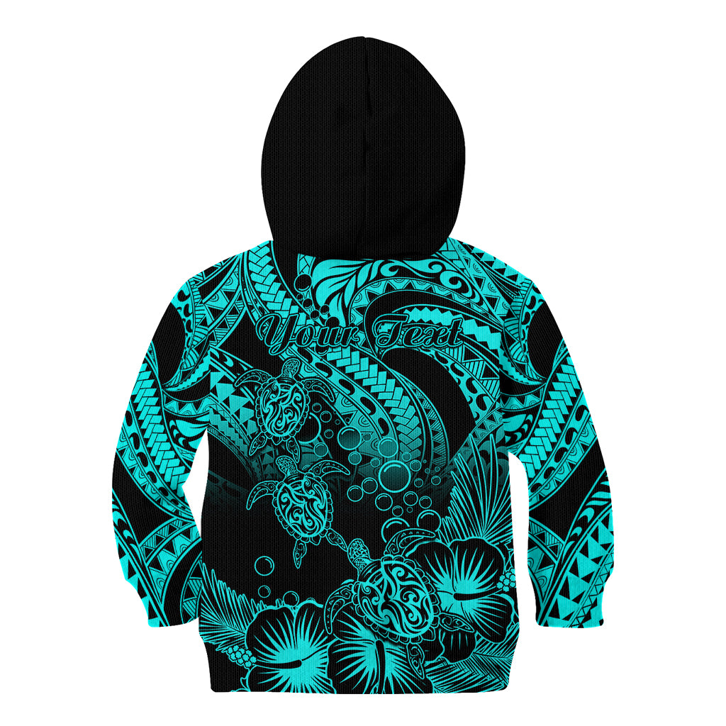 Personalised Polynesian Kid Hoodie Tribal Honu Turtle with Hibiscus Turquoise Version - Wonder Print Shop