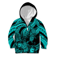 Personalised Polynesian Kid Hoodie Tribal Honu Turtle with Hibiscus Turquoise Version - Wonder Print Shop