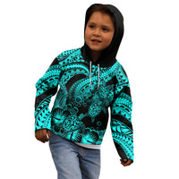 Personalised Polynesian Kid Hoodie Tribal Honu Turtle with Hibiscus Turquoise Version - Wonder Print Shop