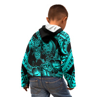 Personalised Polynesian Kid Hoodie Tribal Honu Turtle with Hibiscus Turquoise Version - Wonder Print Shop