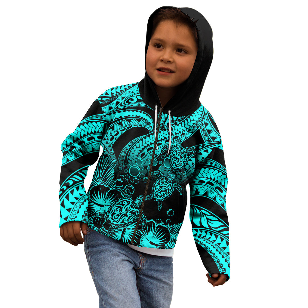 Personalised Polynesian Kid Hoodie Tribal Honu Turtle with Hibiscus Turquoise Version - Wonder Print Shop