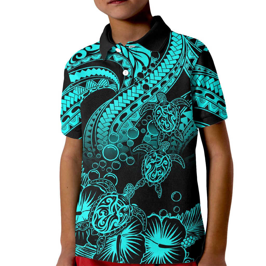 Custom Polynesian Polo Shirt for Kid Tribal Honu Turtle with Hibiscus Turquoise Version - Wonder Print Shop