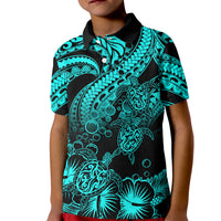 Custom Polynesian Polo Shirt for Kid Tribal Honu Turtle with Hibiscus Turquoise Version - Wonder Print Shop