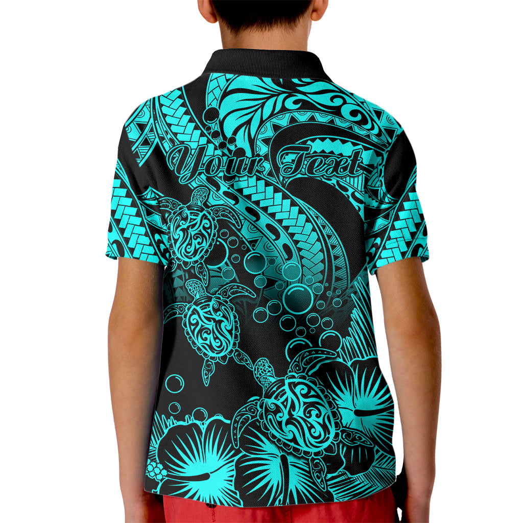 Custom Polynesian Polo Shirt for Kid Tribal Honu Turtle with Hibiscus Turquoise Version - Wonder Print Shop