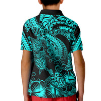 Custom Polynesian Polo Shirt for Kid Tribal Honu Turtle with Hibiscus Turquoise Version - Wonder Print Shop