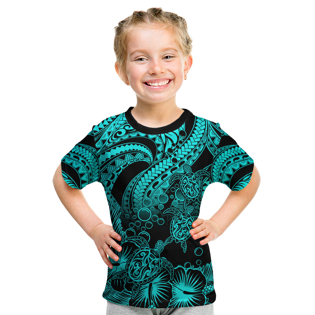 Personalised Polynesian Kid T Shirt Tribal Honu Turtle with Hibiscus Turquoise Version - Wonder Print Shop