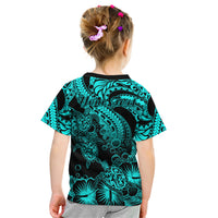 Personalised Polynesian Kid T Shirt Tribal Honu Turtle with Hibiscus Turquoise Version - Wonder Print Shop