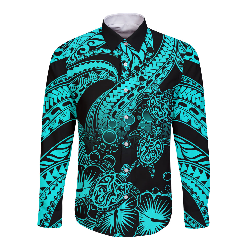 Personalised Polynesian Long Sleeve Button Shirt Tribal Honu Turtle with Hibiscus Turquoise Version - Wonder Print Shop