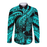 Personalised Polynesian Long Sleeve Button Shirt Tribal Honu Turtle with Hibiscus Turquoise Version - Wonder Print Shop