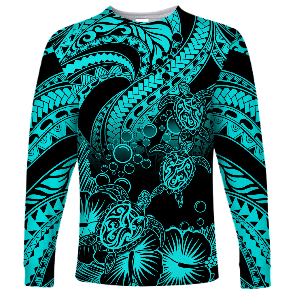 Personalised Polynesian Long Sleeve Shirt Tribal Honu Turtle with Hibiscus Turquoise Version - Wonder Print Shop